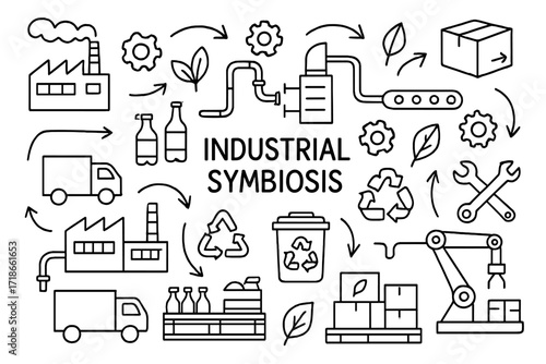 Industrial Symbiosis Doodle. Industrial symbiosis. Hand-drawn doodle illustration industrial symbiosis factories, arrows, gears,