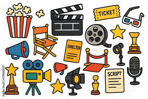 Cinema Doodle Icons. Colorful Hand-drawn doodle Children illustration Film clapperboard, film reel, popcorn, director?s chair, megaphone, camera, cinema