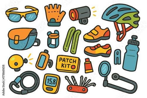 Cycling Gear Doodles. Colorful Hand-drawn doodle Children illustration Cycling Accessories sunglasses, gloves, bike light, helmet, cleats, saddle bag, phone