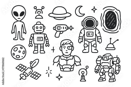Sci-fi Doodle Icons. Sci-fi figurines. Hand-drawn doodle illustration sci-fi figurines alien, spaceship, astronaut, robot, cyborg, ray gun, planet, satellite,