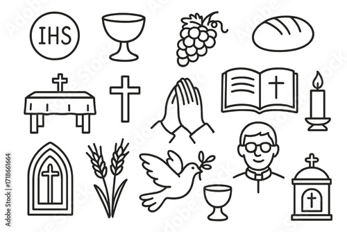 Holy Communion Symbols. Hand-drawn doodle illustration Holy Communion host, chalice, grapes, bread, altar, cross, hands, bible, candle, church window, wheat,