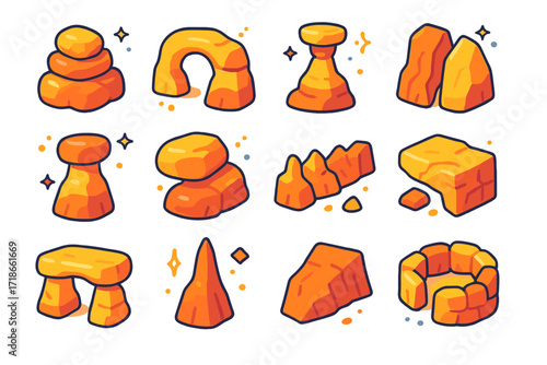 Colorful Rock Formations Icons. Colorful isometric vector icons set of Rock Formation Types: boulder stack, natural rock arch,