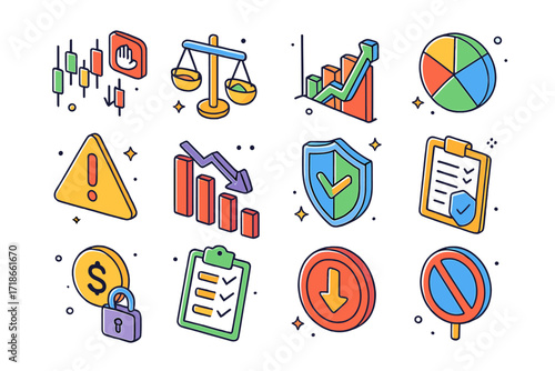 Risk Strategy Icons. Colorful isometric vector icons set of risk management strategies: stop-loss order, risk-reward ratio scale, position sizing graph,