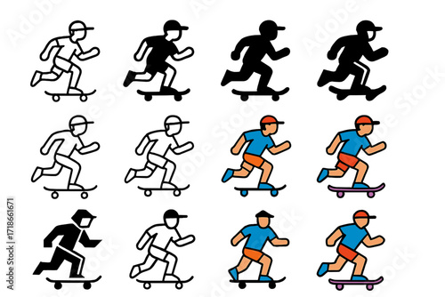 Athlete Warm-Up Logo Set. Set Logo of Athletes Warming Up: Skater dynamic warm-up. Logo set in vector style, emblematic variations. line, bold thick line,
