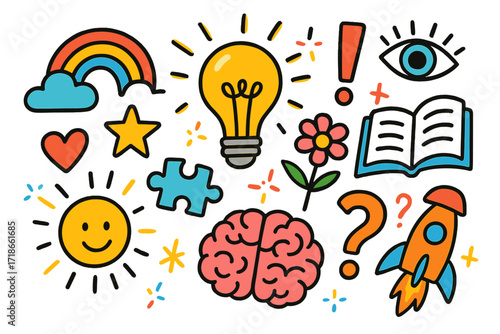 Whimsical Epiphany Icons. Colorful Hand-drawn doodle Children illustration Unexpected Epiphany [light bulb, spark, cloud, rainbow, star, question mark,