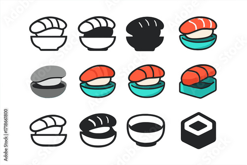 Sushi Dipping Logo Set. Set Logo of Sushi Serving: Soy sauce in dipping bowl. Logo set in vector style, emblematic variations. line, bold thick line, solid