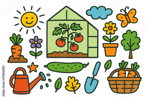 Garden Doodle Fun. Colorful Hand-drawn doodle Children illustration greenhouse gardening greenhouse, tomato vine, cucumber, carrot, watering can, flower, sun,