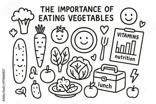 Eat Your Veggies!. Hand-drawn doodle illustration The Importance of Eating Vegetables broccoli, carrot, tomato, cucumber, spinach leaf, cabbage, plate, fork,