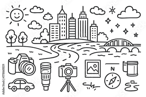 Cityscape Doodle Icons. Hand-drawn doodle illustration cityscape panorama photography skyscrapers, camera, tripod, lens, sun, clouds, trees, road, car, photo