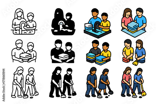 Family Chores Icon Set. Icon Set of Parents helping child with chores: washing dishes together, folding laundry, sweeping floor.