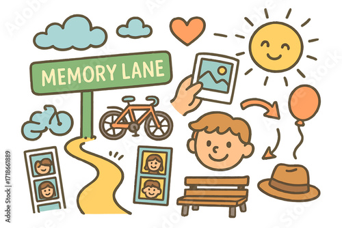 Colorful Childhood Memories. Colorful Hand-drawn doodle Children illustration Memory Lane street sign, bike, photo in hand, heart