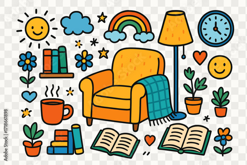 Cozy Reading Nook. Colorful Hand-drawn doodle Children illustration Reading Nook [armchair, blanket, lamp, bookshelf, coffee mug, rainbow, star, flower, heart,