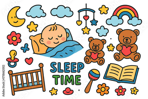 Baby's Dreamland Icons. Colorful Hand-drawn doodle Children illustration Baby Sleep Time [crib, pillow, blanket, teddy bear, star, moon, cloud, mobile, heart,