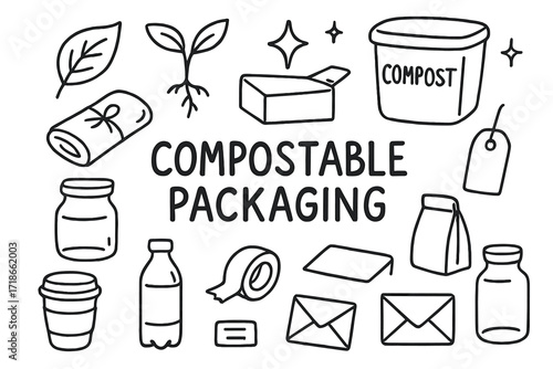 Compostable Doodles. Hand-drawn doodle illustration Compostable packaging [leaf, sprout, compost bin, paper wrap, cardboard box, paper bag, cup, bottle, star,