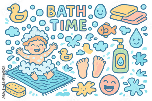 Colorful Bath Time Fun. Colorful Hand-drawn doodle Children illustration Bath time rug play soap bubbles, splashes, ducklings, sponge textures, towels, bath