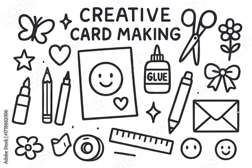 Creative Card Making Tools. Hand-drawn doodle illustration Creative card making [paper sheet, scissors, glue bottle, pen, pencil, heart, star, flower, ribbon,