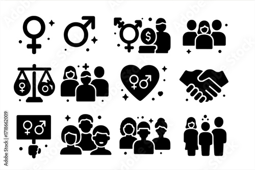 Gender Equality Icons. Gender Equality. Solid icons set of female symbol, male symbol, gender-neutral symbol, equal pay, diverse workplace, balance scale,