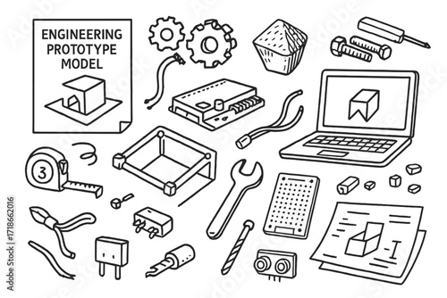 Engineering Prototype Doodle. Hand-drawn doodle illustration [engineering prototype model] CAD sketch, gears, 3D printed part, wires, microcontroller, frame,