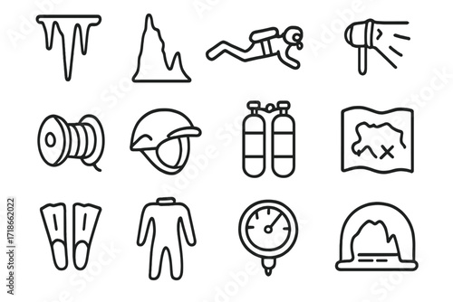 Cave Diving Icons. Cave diving. Line icon set of cave diving: stalactite, stalagmite, diver, underwater light, rope reel, helmet, air cylinder, cave map, fins,