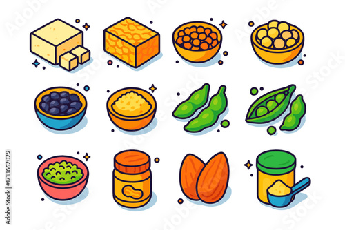 Plant-Based Protein Icons. Colorful isometric vector icons set of Plant-Based Protein Sources: tofu block, tempeh, lentils, chickpeas, black beans, quinoa,