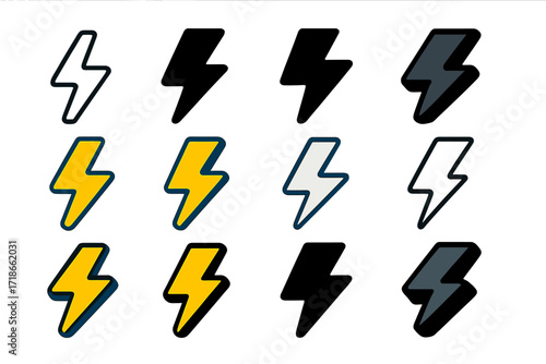 Black Energy Logo Variations. Set Logo of Black Energy: Black lightning bolt. Logo set in vector style, emblematic variations. line, bold thick line, solid