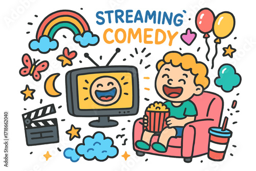 Children's Comedy Time. Colorful Hand-drawn doodle Children illustration Streaming Comedy Shows TV screen, laughing child, popcorn, rainbow, sparkles, star,