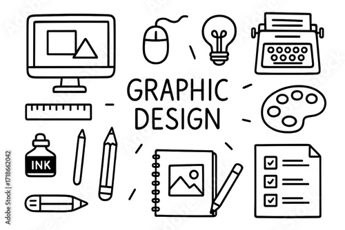 Graphic Design Elements. Graphic Design. Hand-drawn doodle illustration catalog mockup, computer screen, mouse, ruler, pencil,
