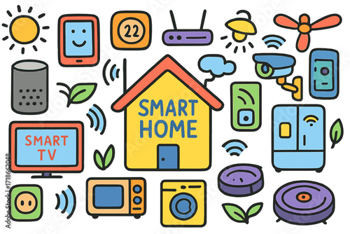 Smart Home Doodle. Colorful Hand-drawn doodle Children illustration Smart home living smart speaker, smart TV, tablet, smartphone, Wi-Fi router, thermostat,