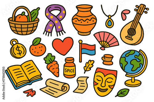 Cultural Doodle Collection. Colorful Hand-drawn doodle Children illustration Cultural symbols in trade basket, scarf, pottery, jewelry, fan, musical