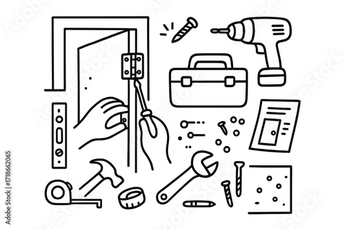 Door Hinge Repair Doodles. Hand-drawn doodle illustration Fixing a door hinge door, hinge, screwdriver, screw, drill, toolbox, level, measuring tape, screw