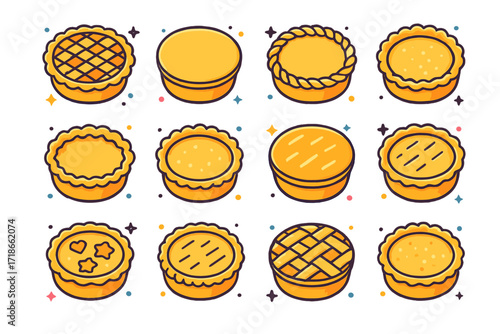 Pie Crust Icon Collection. Colorful isometric vector icons set of Pie Crust Designs: lattice top crust, solid top crust, braided crust edge, crimped edge,