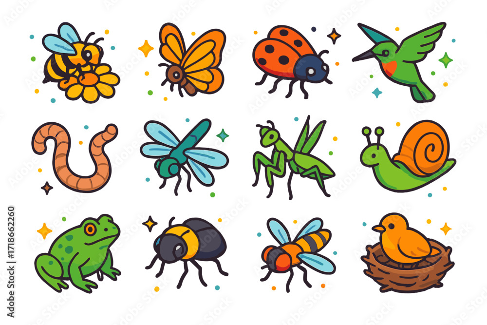 Fototapeta premium Pollinators and Garden Icons. Colorful isometric vector icons set of pollinators and garden visitors: bee on flower, butterfly, ladybug, hummingbird,