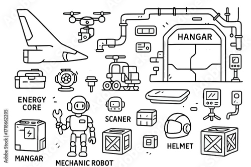 Futuristic Space Hangar Icons. Hand-drawn doodle illustration Futuristic space hangar [spaceship wing, maintenance drone, cargo