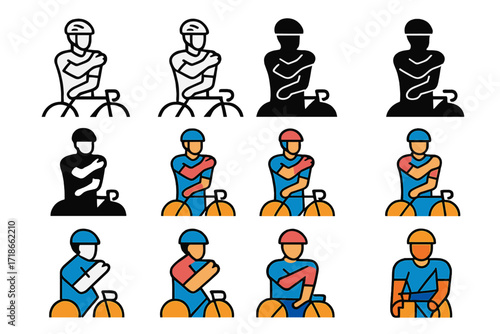 Athlete Logo Variations. Set Logo of Athletes Warming Up: Cyclist arm stretches. Logo set in vector style, emblematic variations. line, bold thick line, solid