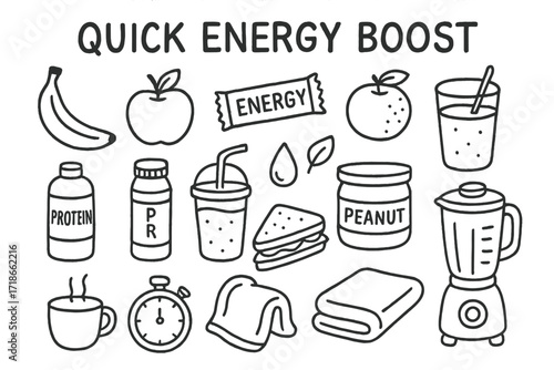 Energy Boost Essentials. Hand-drawn doodle illustration Quick Energy Boost [banana, apple, orange, energy bar, protein shake, smoothie, sandwich, peanut jar,