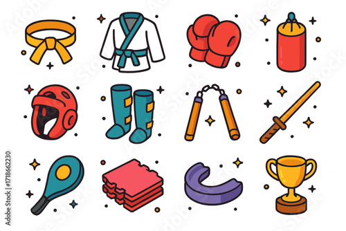 Martial Arts Icons. Martial Arts. Colorful isometric vector icons set of Martial Arts: karate belt, gi uniform, boxing gloves, punching bag, head guard, shin