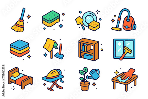 Colorful Chores Icons. Household chores. Colorful isometric vector icons set of household chores: sweeping broom, scrubbing sponge, washing dishes, vacuum