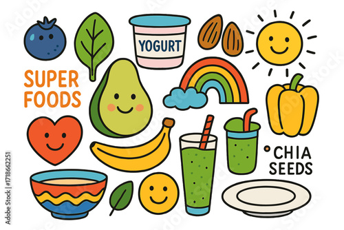 Superfoods Doodle Fun. Colorful Hand-drawn doodle Children illustration Superfoods fun blueberry, spinach leaf, smiling avocado,