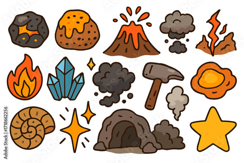 Volcanic Doodle Elements. Colorful Hand-drawn doodle Children illustration volcanic rocks lava stone, hot boulder, pumice rock, mountain, crack in ground, fire