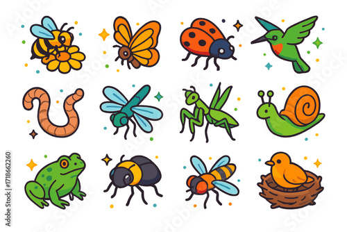 Pollinators and Garden Icons. Colorful isometric vector icons set of pollinators and garden visitors: bee on flower, butterfly, ladybug, hummingbird,