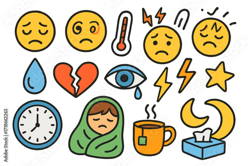 Symptoms Doodle Art. Colorful Hand-drawn doodle Children illustration withdrawal symptoms tired face, sad face, dizzy spiral, thermometer, headache icon, cold