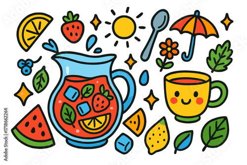 Summer Compote Delight. Colorful Hand-drawn doodle Children illustration Summer compote pitcher, ice cubes, lemon wedge, watermelon, strawberry, smiling cup,
