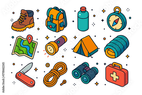 Adventure Gear Icons. Adventure Gear. Colorful isometric vector icons set of Adventure Gear: hiking boots, backpack, water bottle, compass, map, flashlight,