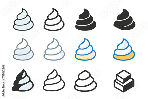 Cream Logo Variations. Set Logo of Fatty Cream Topping: Whipped cream swirl. Logo set in vector style, emblematic variations. line, bold thick line, solid