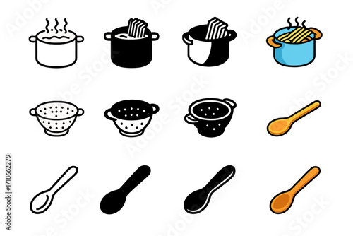 Colorful Pasta Cooking Icons. Icon Set of Cooking Pasta: Boiling pot, Strainer, Wooden spoon. Icons set in vector style, emblematic variations. Boiling pot
