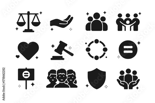 Fairness Icons Grid. Fairness. Solid icons set of balanced scale, open hand, group of people, handshake, heart, justice hammer, inclusive circle, equality