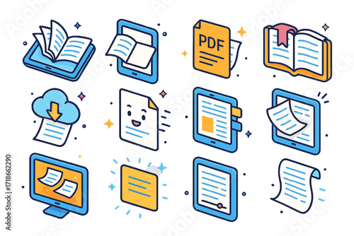 Isometric Digital Book Icons. Colorful isometric vector icons set of digital and virtual book effects: e-book with flying pages, tablet with flipping pages,