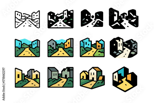 Devastated Village Logos. Set Logo of Devastated village: Dusty unpaved road with debris. Logo set in vector style, emblematic variations. line, bold thick