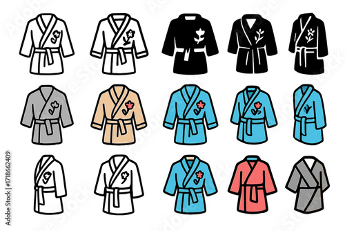 Spa Robe Logos. Set Logo of Spa Robes: Spa robe with flower embroidery. Logo set in vector style, emblematic variations. line, bold thick line, solid black