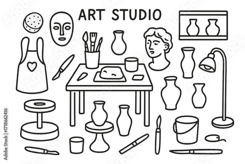 Art Studio Essentials. Art Studio. Hand-drawn doodle illustration art studio table, potter?s wheel, clay, statue, mask, brush, sponge, chisel, carving knife,